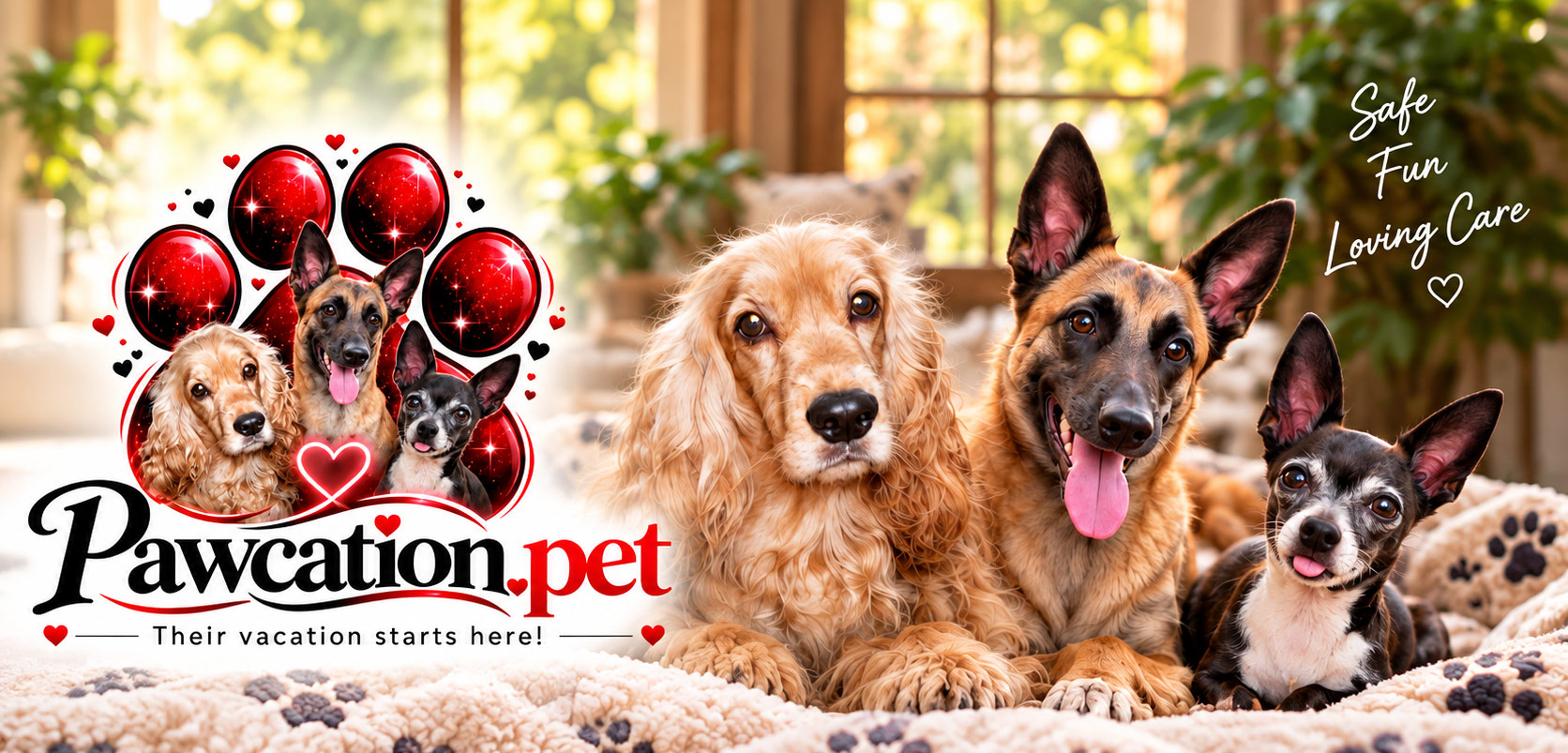 Pawcations pets with logo and care message